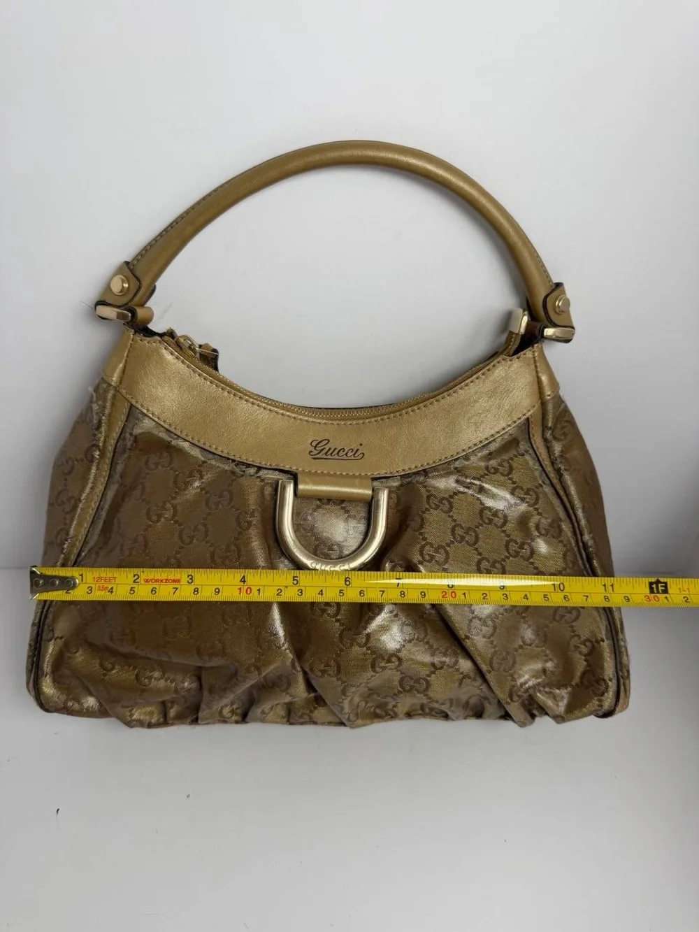 Gucci Abby Gold Leather Coated Monogram Canvas Hobo Shoulder Bag - Picture 2 of 16